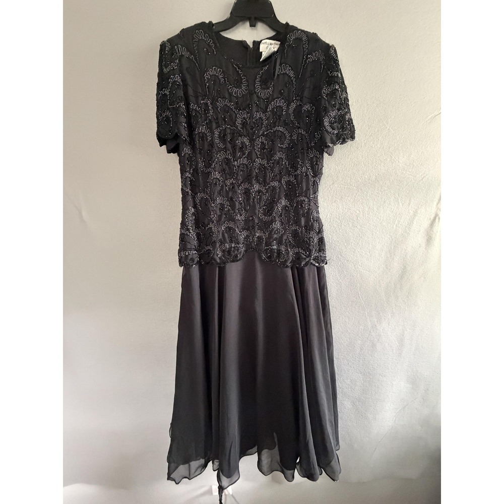 Papell Boutique‎ Evening Dress Womens 14 Black Beaded Paisley Chiffon Maxi